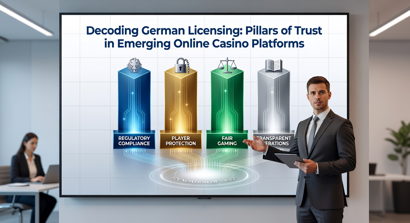 Grafik mit Säulen, die Lizenzkriterien wie Sicherheit, Fairness und Spielerschutz symbolisieren, umgeben von digitalen Casino-Elementen