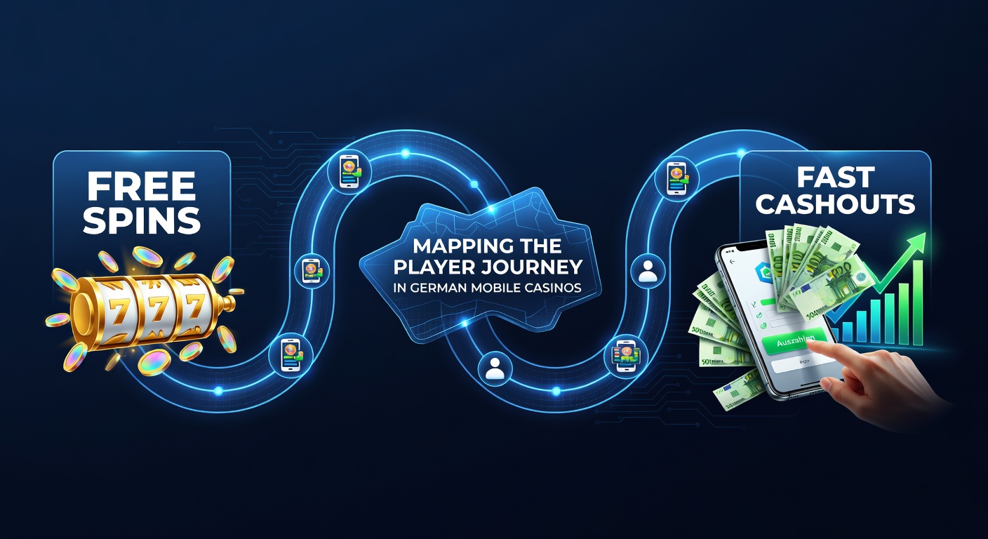 Ein Smartphone zeigt eine Casino-App mit drehenden Slots und Free-Spins-Angeboten, umgeben von typischen deutschen Mobile-Casino-Elementen wie Bonussen und schnellen Zahlungsoptionen