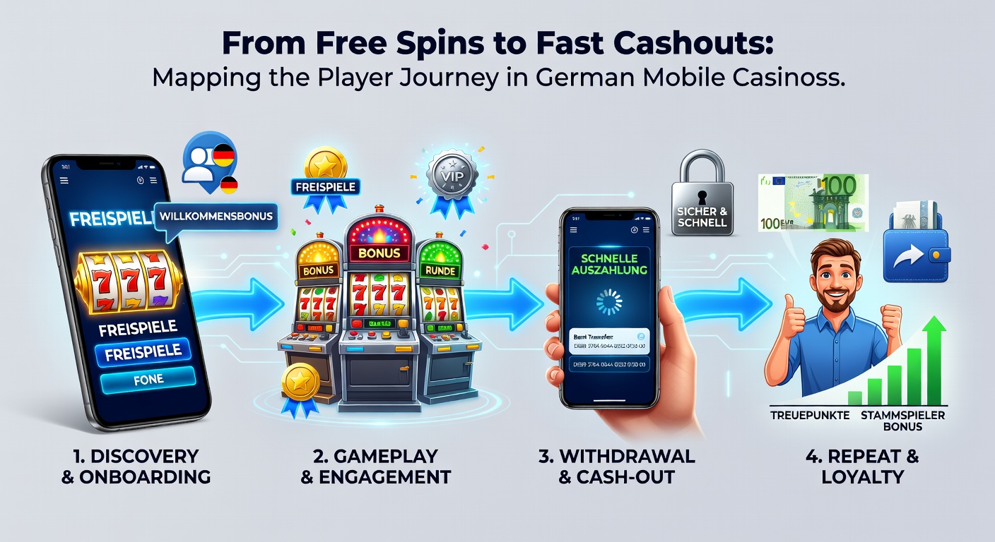 Grafik der Spielerreise: Von Registrierung über Free Spins und Gewinne bis hin zu einer schnellen Auszahlung auf ein Bankkonto, visualisiert auf einem modernen Smartphone-Bildschirm