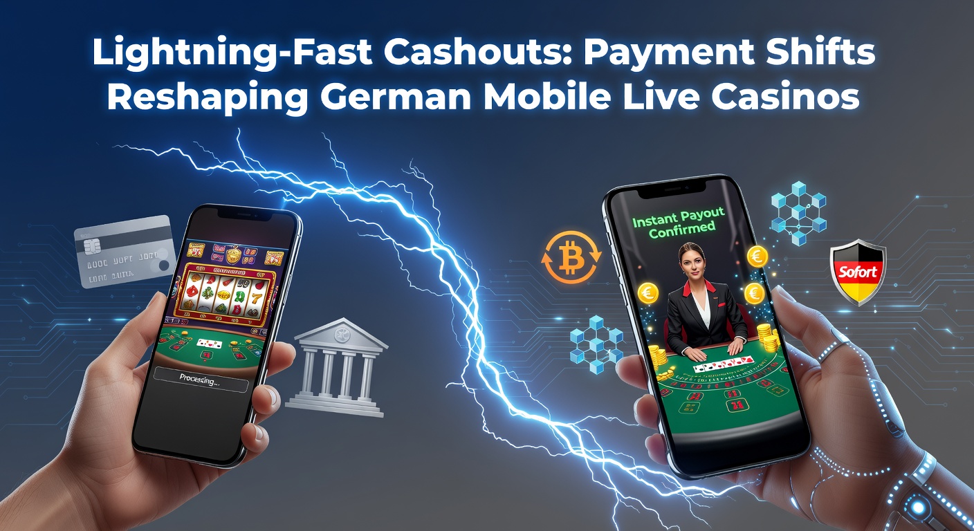 Smartphone mit Live-Casino-App und blitzschnellen Zahlungssymbolen wie Pfeil und Euro-Zeichen auf hellem Hintergrund